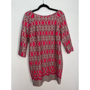 Just‎ Taylor Knit Dress Women 10 Pink Tan Geometric 3/4 Sleeve Pullover Retro